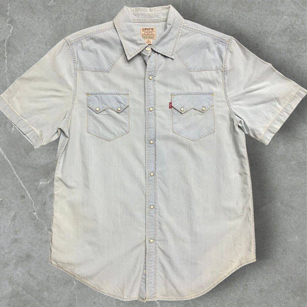 Levi's Vintage 80s Western Pearl Snap Light Blue Denim Button Shirt Mens Size L